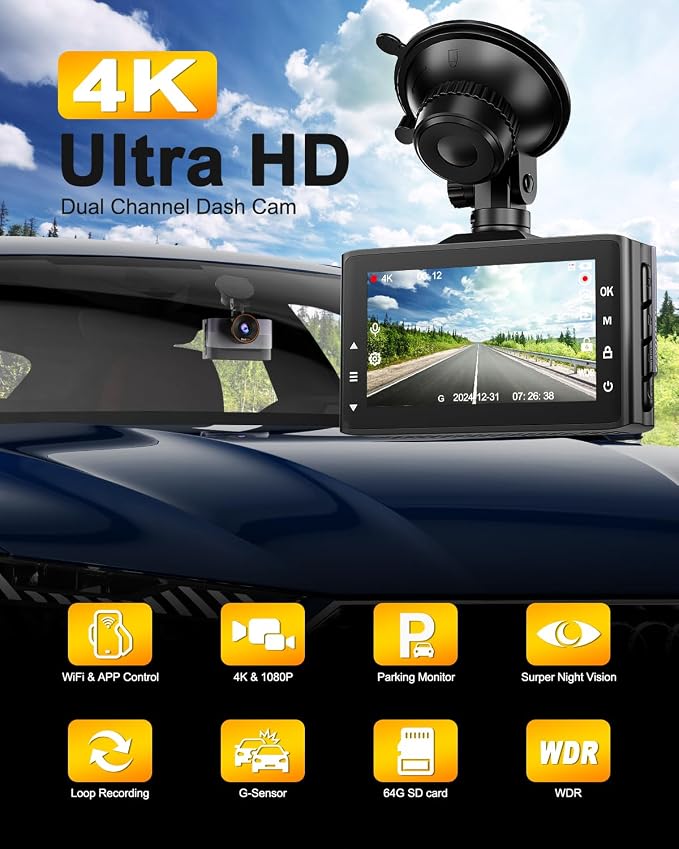 4K Dash Cam Front and Rear, Dual Dash Camera for Cars with 64G SD Card, 3" IPS Dashcam with Night Vision, Time Lapse, 24H Parking Mode, 170° Wide Angle, G-Sensor, Loop Recording, Real WDR
