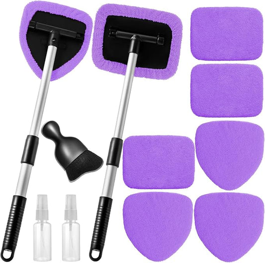 Qydipclin 11pcs Windshield Cleaner Tool, Car Window Cleaning Wash Kit with 6 Reusable Microfiber Pads 2 Spray Bottles and Extendable Handles Auto Glass Wiper Kit, Purple