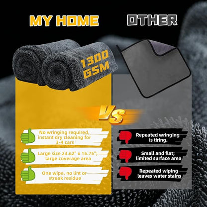 2-Pack Double-Twist Pile Microfiber Towels for Cars 1300 GSM Car Drying Towels (23.62" x 15.75") Ultra Absorbent Microfiber Towel, Streak-Free & Scratch-Free Car Cleaning Supplies with Edgeless Design