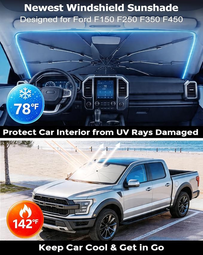 DMJN Umbrella Windshield Sun Shade for Ford F150 F250 F350 F450 (2015-2026), Car Sunshade for Front Windshield [Nano Ice-Crystal Coatings] UPF50+ Heat & UV Block, Protect Interior & Keep Cooler