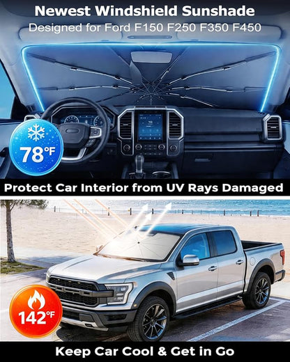DMJN Umbrella Windshield Sun Shade for Ford F150 F250 F350 F450 (2015-2026), Car Sunshade for Front Windshield [Nano Ice-Crystal Coatings] UPF50+ Heat & UV Block, Protect Interior & Keep Cooler