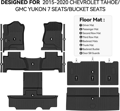 Floor Mats for 2015-2020 Chevrolet Tahoe/GMC Yukon 7 Seat Bucket Seats, Trunk Mat and 2nd/3rd Backrest Mat & Door Sill Guard All Weather TPE Protector for Chevy Tahoe Accessories