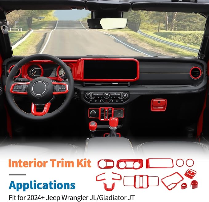 JeCar 14-Piece Red Interior Accessories Trim Kit for 2024-2025+ Jeep Wrangler JL 4XE Gladiator JT- Center Console Dash Panel Interior Upgrade