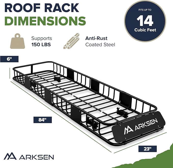 ARKSEN 84"x23"x6" Roof Rack Skinny Cargo Carrier with Basket, Net & Ratchet Straps Heavy Duty Weather Resistant Top Mount Cargo Rack, Luggage & Camping Gear Storage for Car, Truck or SUV Transport