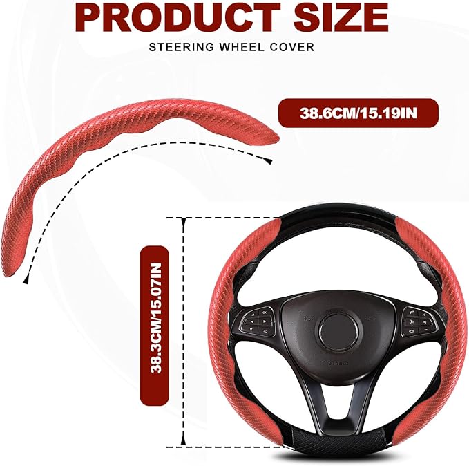 Universal Fit Carbon Fiber Steering Wheel Cover, Segmented Steering Wheel Protector, Carbon Fiber Anti-Skid Steering Wheel Cover Car Interior Accessories (2 Pcs Red)
