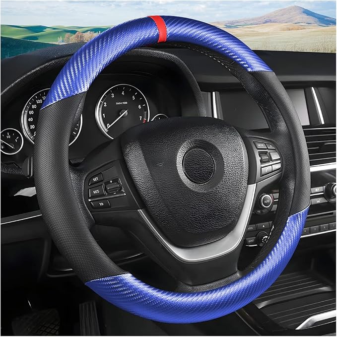 Moly Magnolia Steering Wheel Cover, Carbon Fiber Breathable Microfiber Leather with Non-Slip Lining, Cool in Summer Warm in Winter for Men Women, Universal 15 Inch for Most Cars (Carbon Fiber Blue)