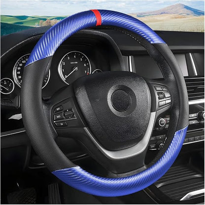 Moly Magnolia Steering Wheel Cover, Carbon Fiber Breathable Microfiber Leather with Non-Slip Lining, Cool in Summer Warm in Winter for Men Women, Universal 15 Inch for Most Cars (Carbon Fiber Blue)