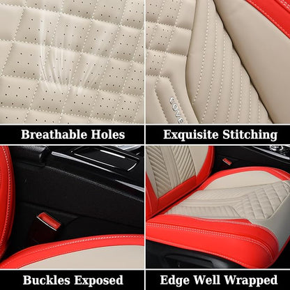Coverado Leather Car Seat Covers Full Set, 5 Seats Seat Covers for Cars, Waterproof Car Seat Cushions, Front and Rear Seat Protectors Universal Fit Most Vehicles (Red&Beige)