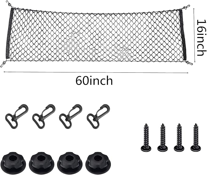 Truck Cargo Organizer Storage Nylon Universal Heavy Duty Net Fit 60" x 16" Cargo Net for Trucks from Chevy (Chevrolet), Ford, Toyota, GMC, Dodge RAM, Jeep with 4 Carabiner Buckles