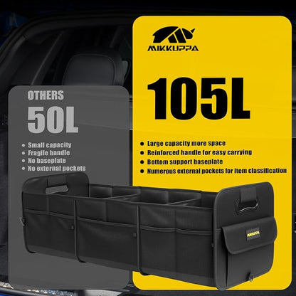 MIKKUPPA Car Trunk Organizer - 105L Collapsible Large Trunk Organizer for Groceries, Trunk Storage Organizers for SUV Auto Truck Van with Non Slip Bottom (Black)