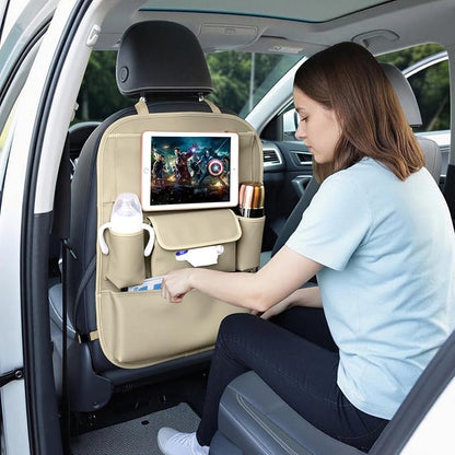 Viaviat Car Seat Organizers Waterproof Backseat Protector with Storage Pocket Large Leather Kick Mats for Kids Pets Automobile SUV Truck (Beige, Large Pocket)