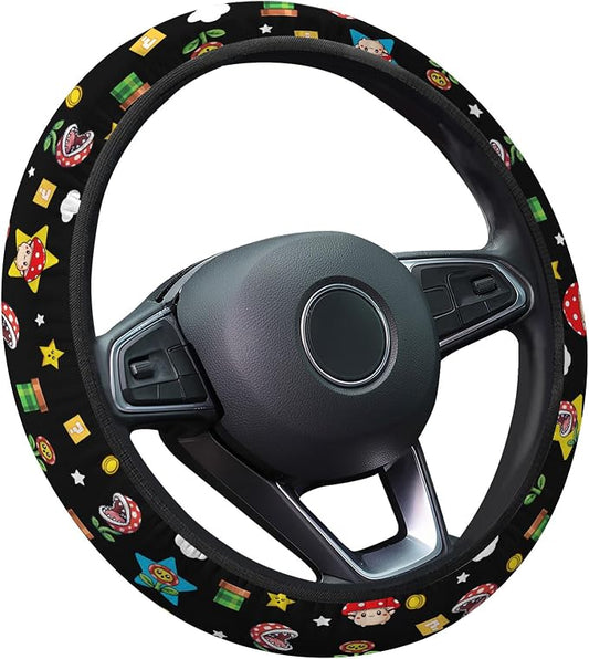 GENANY Retro Handheld Game Steering Wheel Cover, Non Slip Polyester Car Wheel Protector for Car SUV Truck, Universal 15 Inch