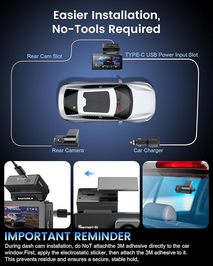 Dash Cam Front and Rear - Sarmert C4 Dual 4K Built-in GPS and 5G WiFi, Free 128GB Card Included, HDR Night Vision, WDR, 4K UHD Dash Camera for Cars, App, 24H Parking Mode