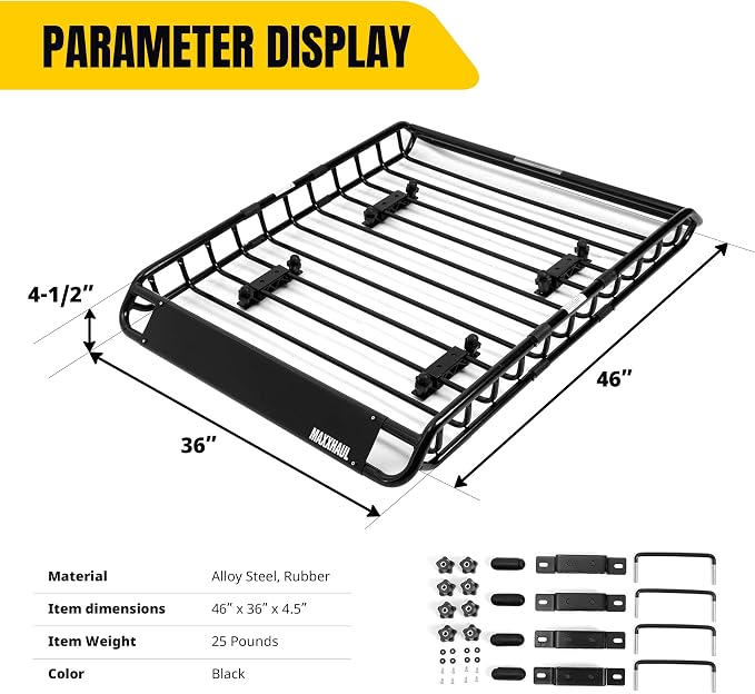 MaxxHaul Steel Roof Rack Cargo Basket, 46" x 36" x 4.5" Roof Top Carrier, Universal Fit for Cars, SUVs, Vans, and RVs, 150 lb Capacity, Weather-Resistant Easy-Install Cargo Storage (70115)