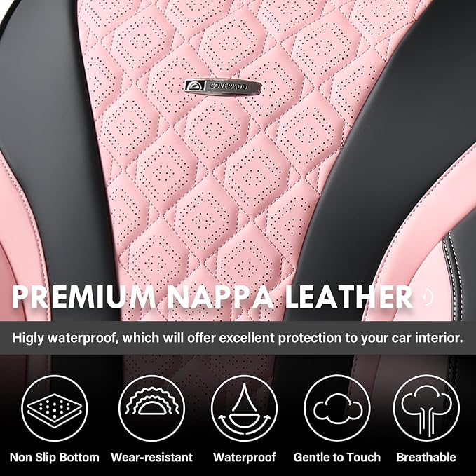 Coverado Seat Covers, Car Seat Covers Front Seats, Perforated Diamond Leather Car Seat Cover, Waterproof Car Seat Cover, 2 Pack Car Seat Protector Front Seat Cover Universal Fit Most Car, Black&Pink