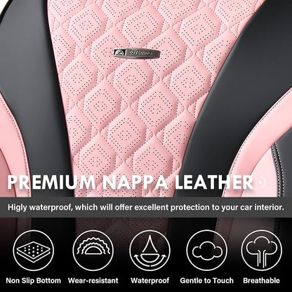Coverado Seat Covers, Car Seat Covers Front Seats, Perforated Diamond Leather Car Seat Cover, Waterproof Car Seat Cover, 2 Pack Car Seat Protector Front Seat Cover Universal Fit Most Car, Black&Pink