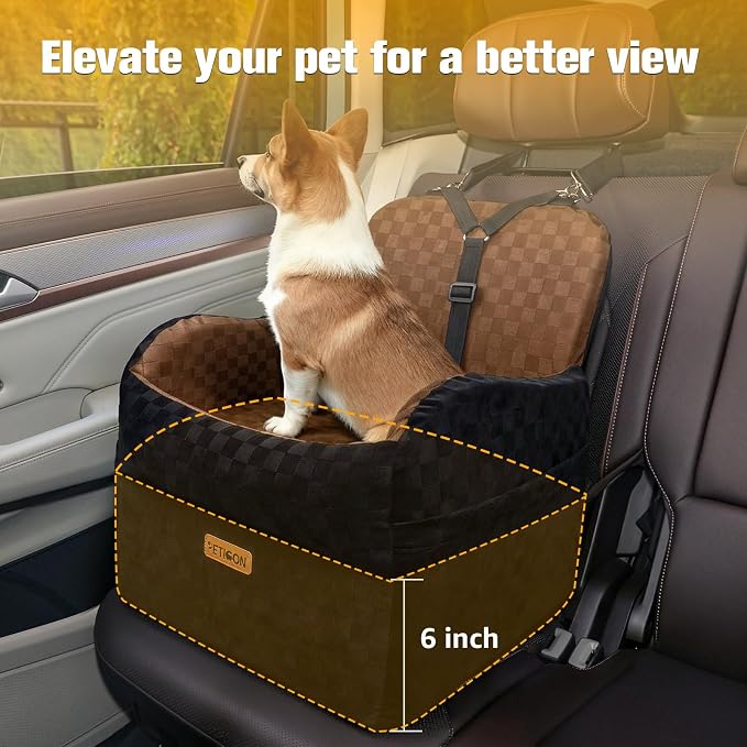 PETICON Waterproof Dog Car Seat for Small Medium Dogs, 6in Memory Foam Pet Booster Seat for Dogs up to 26 lbs with Pockets, Detachable Washable Pet Carseat with Y-Shape Safety Belt