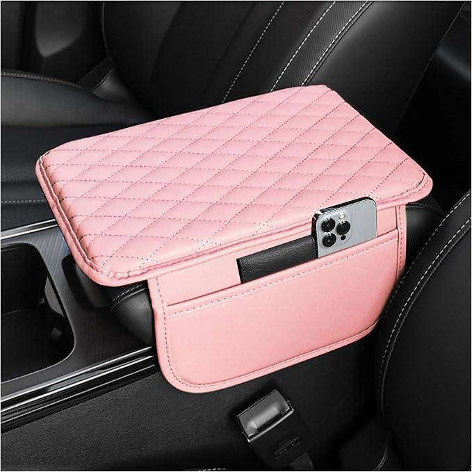 Stacool Upgraded Car Center Console Cover,Microfiber Leather Car Armrest Cover Cushion with 2 Storage Bags,Universal Car Armrest Storage Box (Pink)