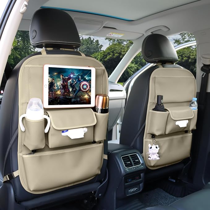 Viaviat Car Seat Organizers Waterproof Backseat Protector with Storage Pocket Large Leather Kick Mats for Kids Pets Automobile SUV Truck (Beige, Large Pocket)