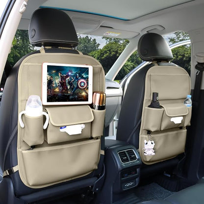 Viaviat Car Seat Organizers Waterproof Backseat Protector with Storage Pocket Large Leather Kick Mats for Kids Pets Automobile SUV Truck (Beige, Large Pocket)