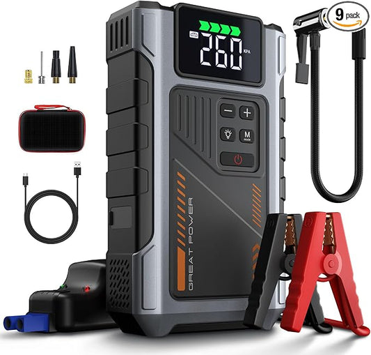 Car Battery Charger Jump Starter with Air Compressor, 4500A Jump Box for Car Battery Portable Jumper Cables with Battery Pack, 12V Jumpstart Combo 150PSI Tire Inflator Air Pump (8.5L Gas/7.0L Diesel)