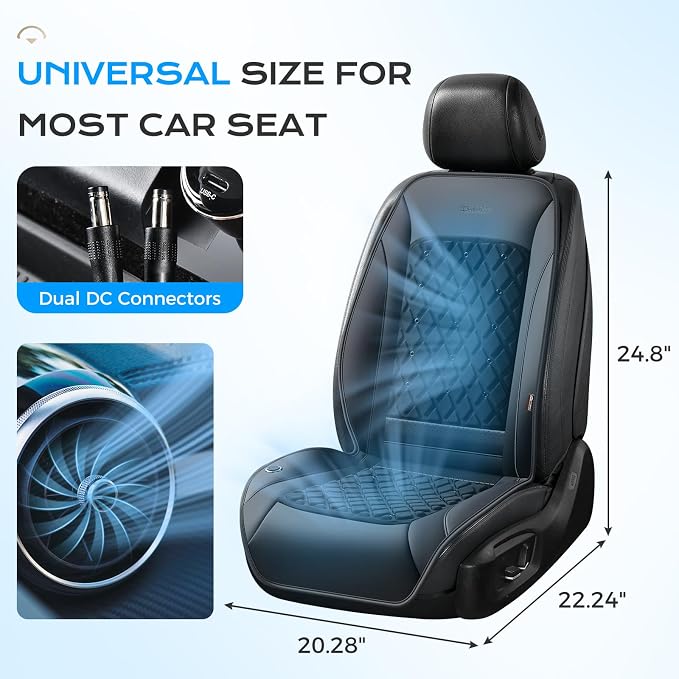 Coverado 12V-24V Ventilated Cooling Car Seat Cover Front Seat, Upgraded 3 Adjustable Wind Speeds Long Lasting Coolness Summer Driving Seat Cushion Universal Fit for Car SUV Truck, Classic Black