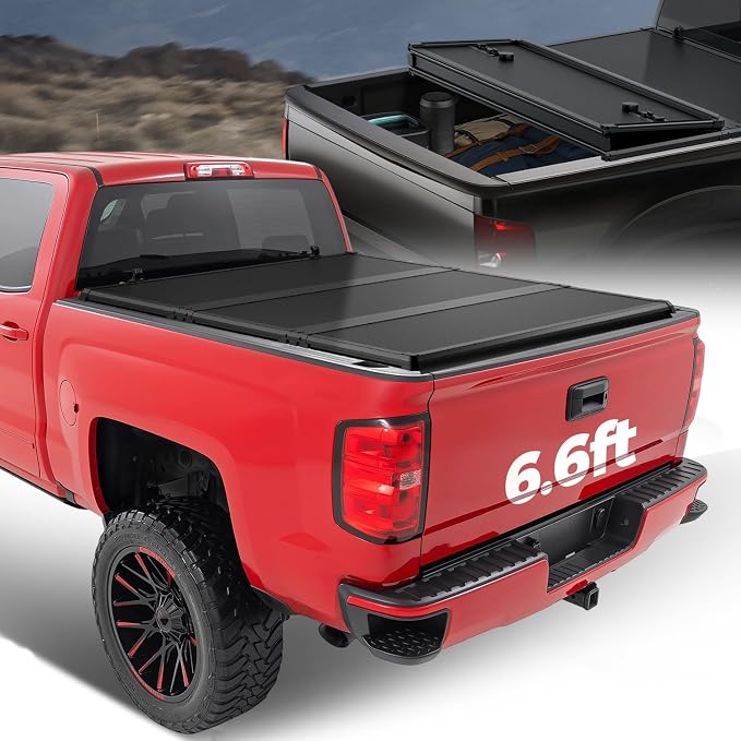 Auto Dynasty FRP Hard Tri-Fold Truck Bed Tonneau Cover Compatible with 2014-2025 Chevy Silverado GMC Sierra 1500 1500LD 2500HD 3500HD 6.6Ft Bed, Black Powdercoated