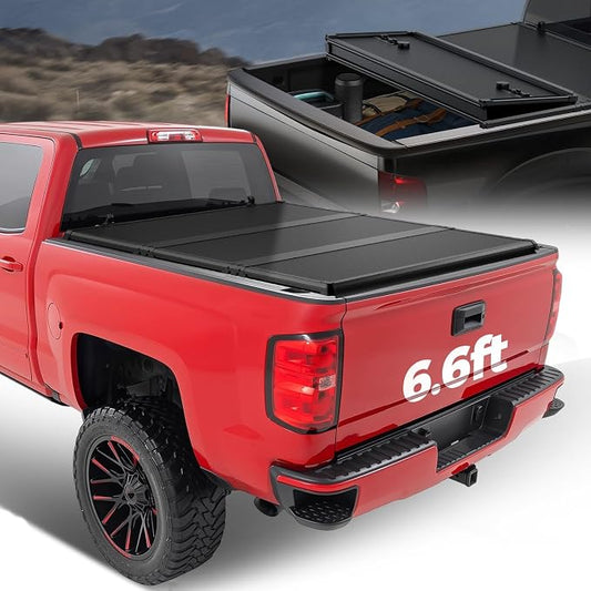 Auto Dynasty FRP Hard Tri-Fold Truck Bed Tonneau Cover Compatible with 2014-2025 Chevy Silverado GMC Sierra 1500 1500LD 2500HD 3500HD 6.6Ft Bed, Black Powdercoated