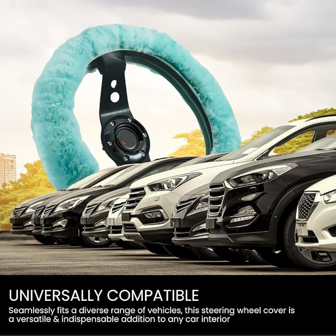 Andalus Brands Luxury Fluffy Car Steering Wheel Covers – Genuine Merino Sheepskin, Soft Fuzzy Car Steering Wheel Cover for Women, Universal 14.5-15" Size, Plush Fur Cute Auto Accessories, Mint Green