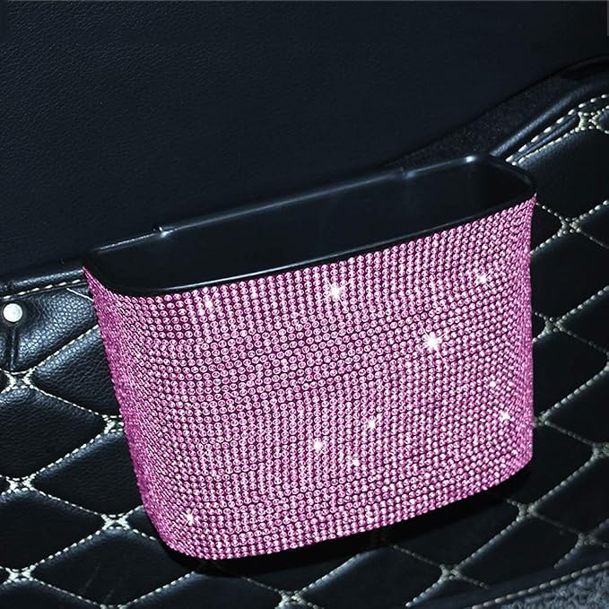 Bling Crystal Car Trash Can Auto Hanging Car Trash Can Sparkling Storage Holder Litter Container for Vehicle Office Home (Pink)