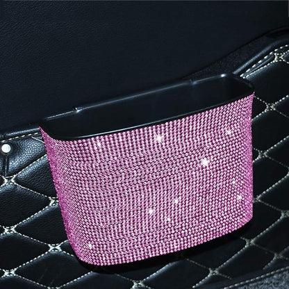 Bling Crystal Car Trash Can Auto Hanging Car Trash Can Sparkling Storage Holder Litter Container for Vehicle Office Home (Pink)