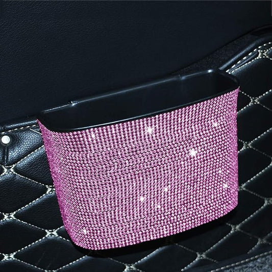 Bling Crystal Car Trash Can Auto Hanging Car Trash Can Sparkling Storage Holder Litter Container for Vehicle Office Home (Pink)