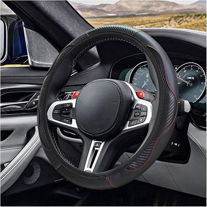 Car Steering Wheel Cover, 15 Inch Carbon Fiber Leather Elastic Steering Wheel Protector, Anti-Slip, Breathable & Soft Car Interior Accessories Universal for Most Cars, Men & Women (Black)