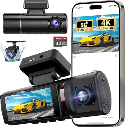 3 Channel 4K WiFi Dash Cam, 4K+1080P+1080P Front Inside and Rear, Triple Dash Camera with 32GB Card, APP Control, G-Sensor, 24 Hours Parking Mode, Loop Recording, Night Vision