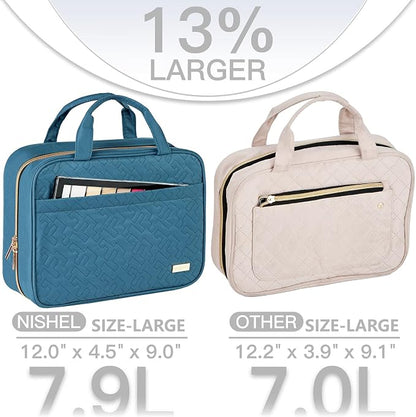 NISHEL Travel Toiletry Bag for women, Portable Hanging Organizer for Full-Sized Shampoo, Conditioner, Brushes Set, Makeup Accessories, Large Size, Lake-Blue