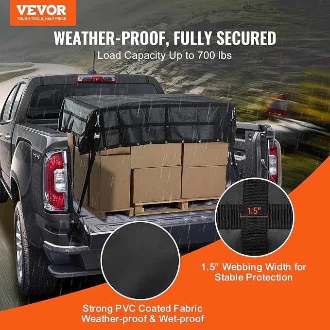 VEVOR Waterproof Cargo Net, 96 in x 81 in, Heavy Duty Truck Cargo Net-(WLL) 700lbs, 4 Adjustable Straps with Carabiners & S-Hooks, Truck Bed Cover for Trailer, Pickup, Boat, Jeep, SUV 6.75' x 8'