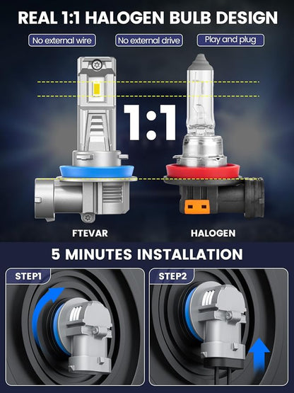 H11 Bulbs, H8 H9 Fog Light, 30000LM 6500K Super Bright, Fanless Mini Size, Plug and Play, Pack of 2