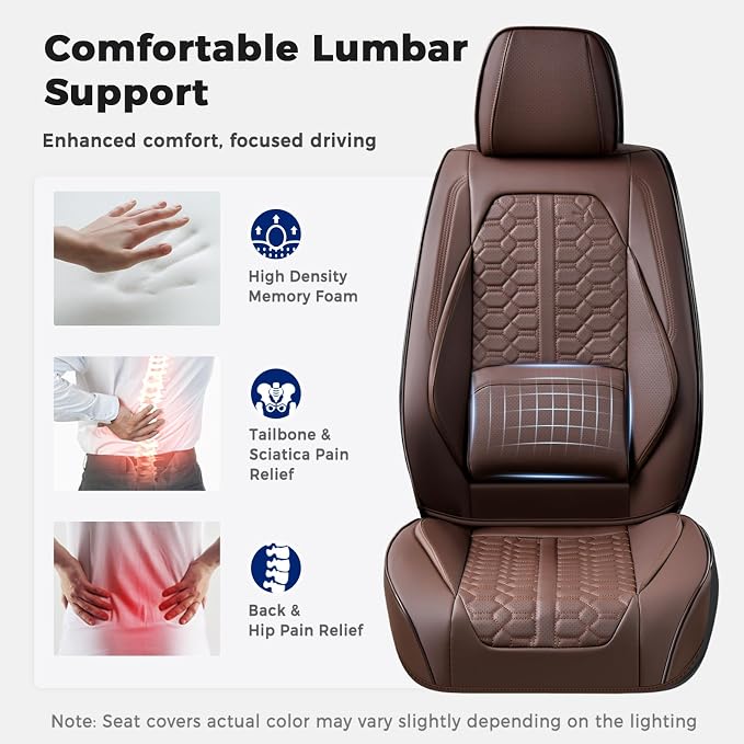 Huidasource Coffee Front Seat Covers, Automotive Car Seat Cover, 360° Full Wrap Leather Seat Cushion Covers Protector with Lumbar Support Fit for Most Cars SUV Trucks