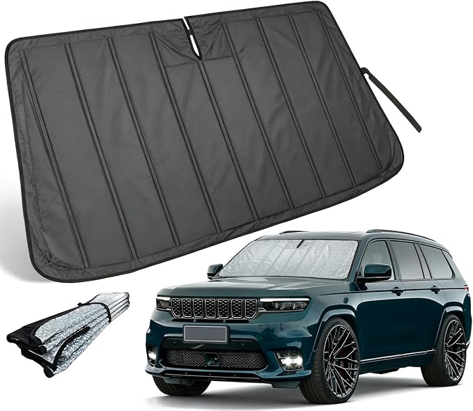Thickened Sun Shade for 2021-2026 Jeep Grand Cherokee & L | Accordion Front Window Sunshade Aluminum Reflective UV Protection Shield, Foldable Sun Visor with Storage Bag Car Accessories