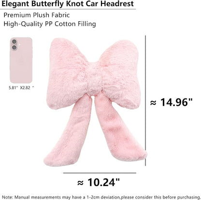 Car Neck Pillow 2PCS Plush Bowknot Car Headrest Pillow – Comfortable Neck Support for Driving Soft Touch Fabric Car Pillow Cute Interior Decor (Pink)