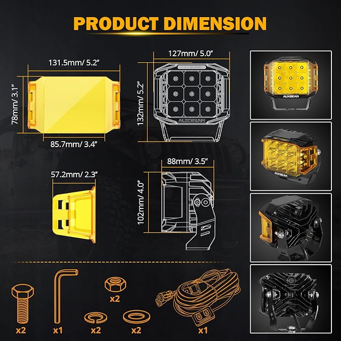 Auxbeam 5" 168W LED Cube Pods Offroad Driving Light with Amber Covers, 16440LM Bright Square Offroad Lights with Side Shooter 270° Combo Beam Ditch Light, DRL for Jeep ATV Wrangler Ford Truck Pickup