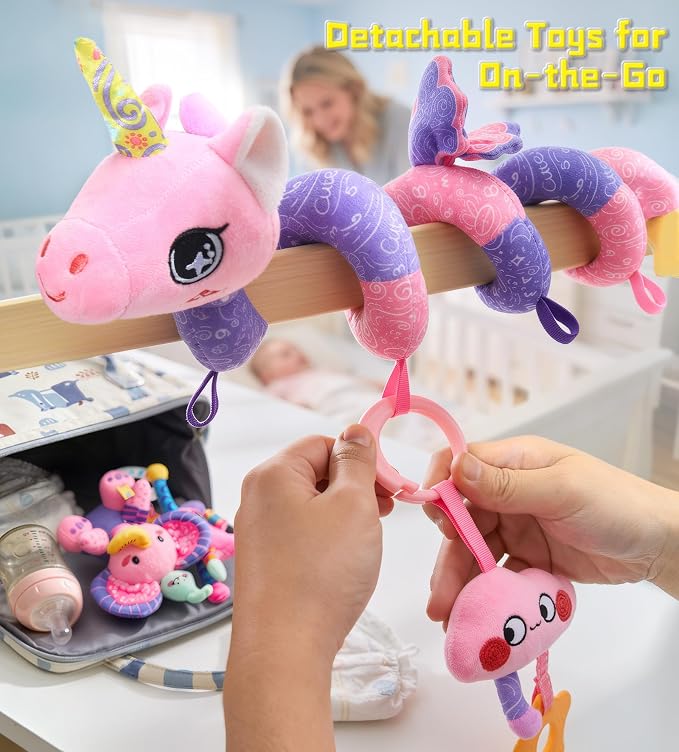 Musical Car Seat Toy for Babies 0-12 Months Girl, 5-in-1 Sensory Activity Hanging Toy Stroller Toy with Soothing Music, Rattle, Mirror for Newborn Infants Essential Gifts, Unicorn