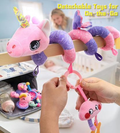 Musical Car Seat Toy for Babies 0-12 Months Girl, 5-in-1 Sensory Activity Hanging Toy Stroller Toy with Soothing Music, Rattle, Mirror for Newborn Infants Essential Gifts, Unicorn
