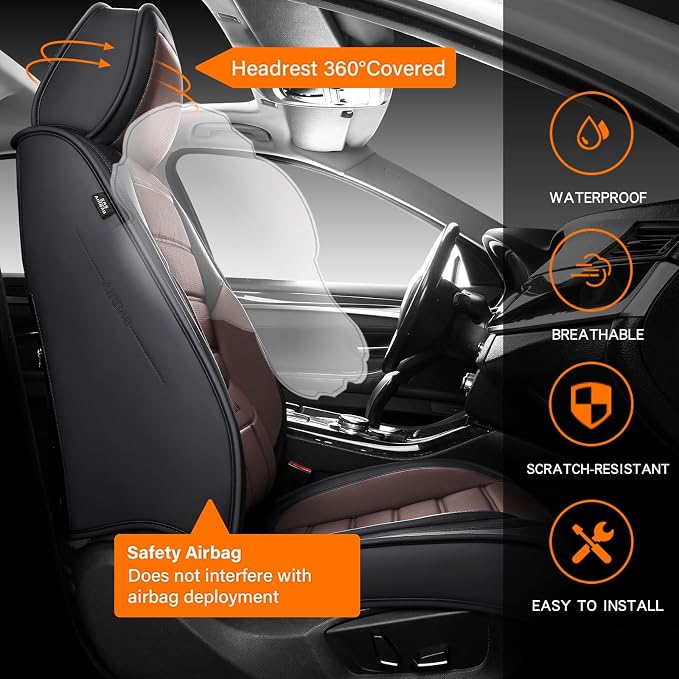 MINGBRON Seat Covers, Car Seat Covers Front Seats, Car Seat Cover, Car Seat Protector Waterproof, Car Seat Cushion Nappa Leather, Brwon Seat Covers Carseat Cover Universal Fit for Most Cars