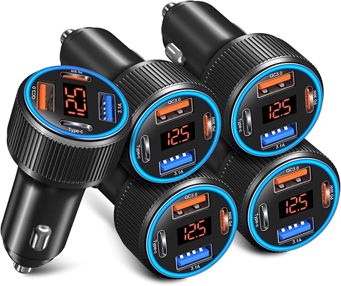 5 Pack USB C Car Charger, 4-Port 65W Car Power Adapter with Voltmeter QC+PD 3.0 Fast Charging Cigarette Lighter USB Charger for iPhone 17/16/15/14/13/12 Pro Max,Galaxy S25/S24,Android(Black)