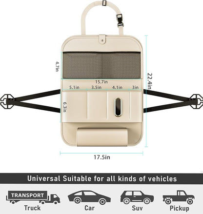 GMQ Backseat Car Organizer with Tray 1 Pack,Car Backseat Organizer with Foldable Table for Kids,Multifunctional Seat Back Organizer with Storage Pockets Car Storage Organizer (Beige)