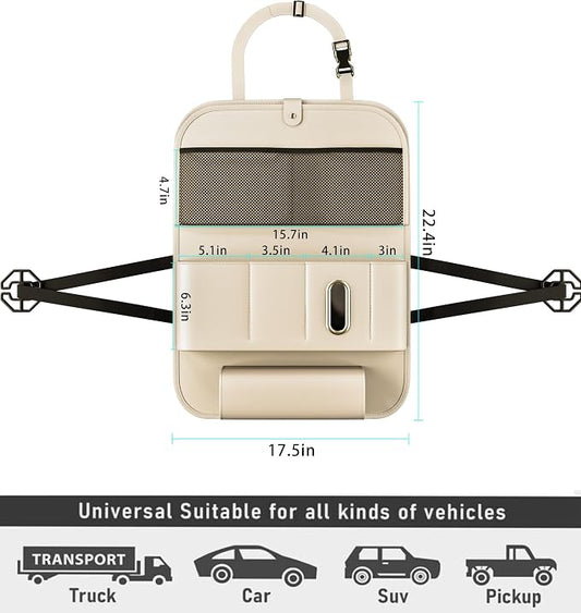 GMQ Backseat Car Organizer with Tray 1 Pack,Car Backseat Organizer with Foldable Table for Kids,Multifunctional Seat Back Organizer with Storage Pockets Car Storage Organizer (Beige)