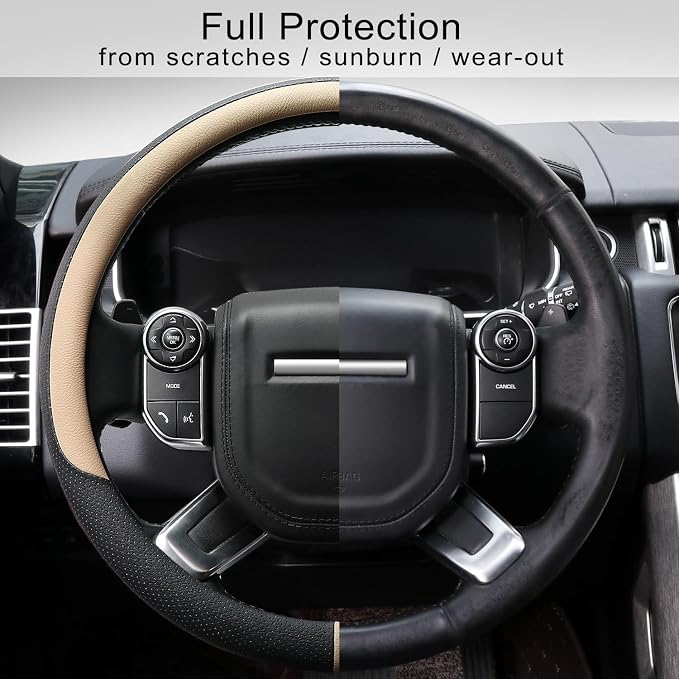 COFIT Breathable Car Steering Wheel Cover 16 inch Auto Universal Leather Wrap Non-Slip Steeringwheel Protector Automotive Interior Accessories, Beige (Suit for 15 1/2-16 inch)