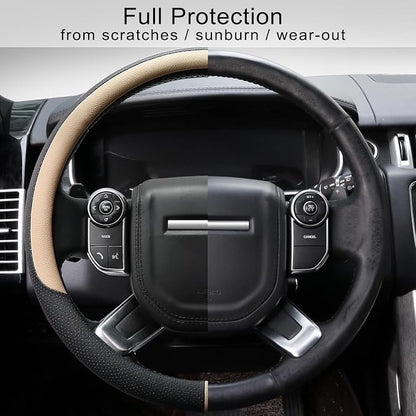 COFIT Breathable Car Steering Wheel Cover 16 inch Auto Universal Leather Wrap Non-Slip Steeringwheel Protector Automotive Interior Accessories, Beige (Suit for 15 1/2-16 inch)