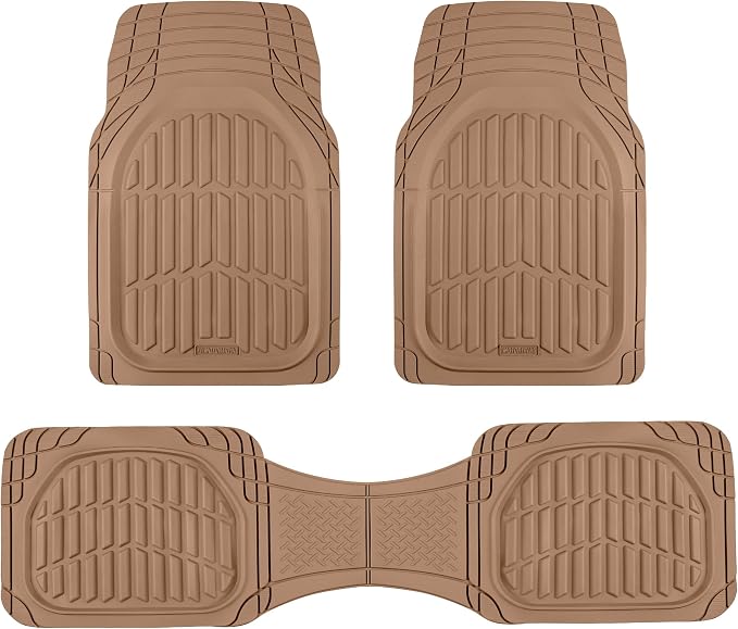 Motor Trend FlexTough LITE Rubber Car Mats Full Set - All Weather Floor Mats for Trucks, Cars & SUVs - Automotive Waterproof Beige Car Floor Mats for Cars Interior Accessories Universal Trim-to-Fit
